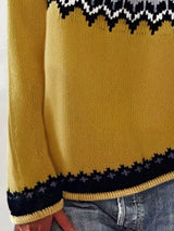 Women’s vintage patterned round neck sweater in mustard with multicolor yoke design, available in sizes Small through 5XL.