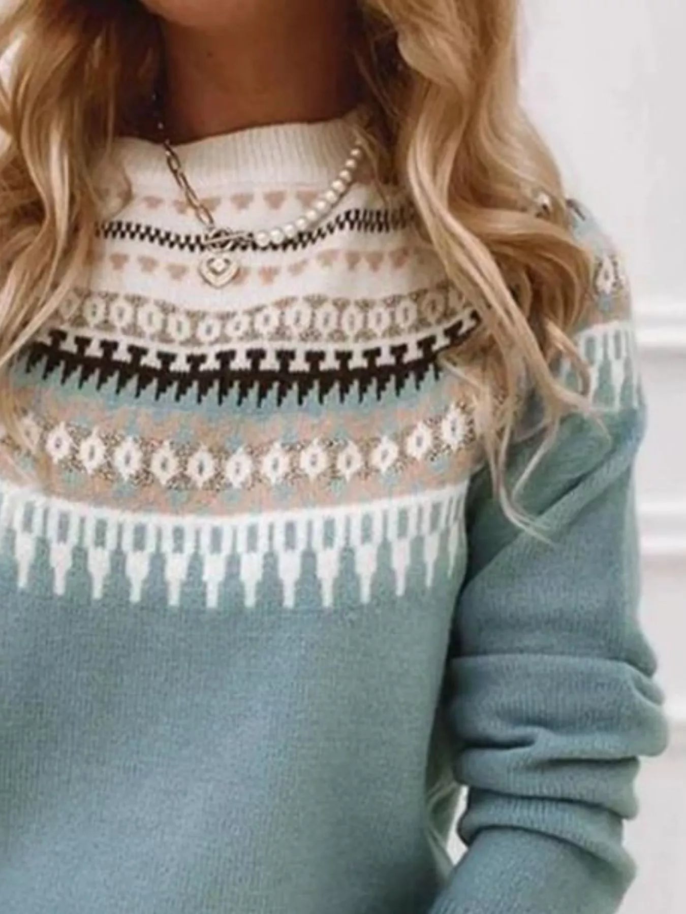 Women’s vintage patterned round neck sweater in blue with multicolor yoke design, available in sizes Small through 5XL.