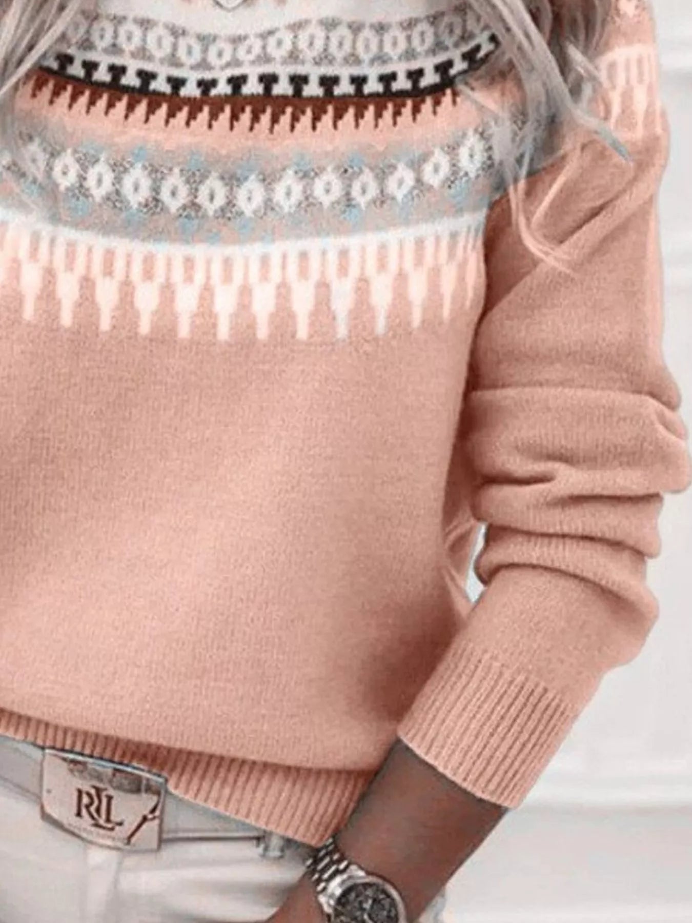 Women’s vintage patterned round neck sweater in apricot with multicolor yoke design, available in sizes Small through 5XL.
