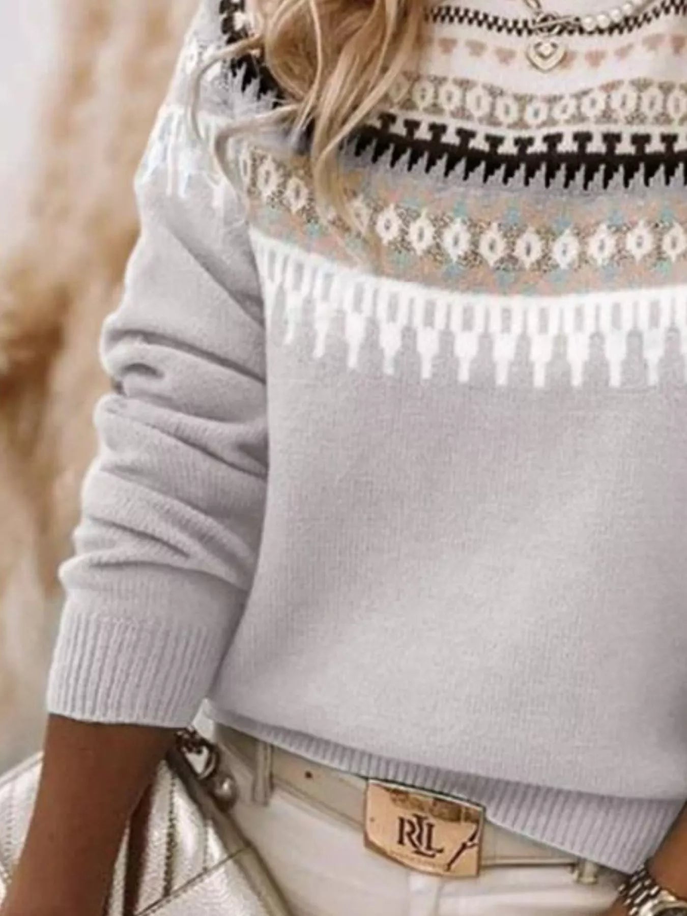 Women’s vintage patterned round neck sweater in light gray with multicolor yoke design, available in sizes Small through 5XL.