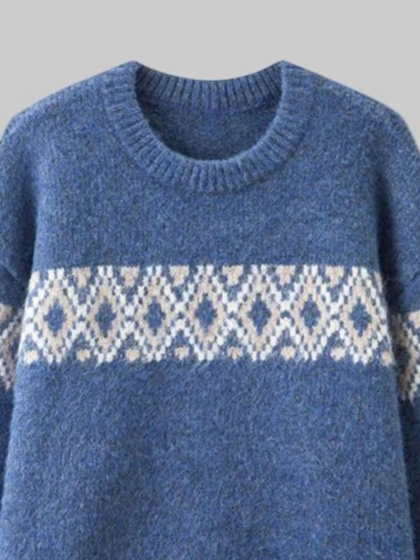 Women’s vintage patterned round neck sweater in navy with multicolor yoke design, available in sizes Small through 5XL.