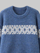 Women’s vintage patterned round neck sweater in navy with multicolor yoke design, available in sizes Small through 5XL.