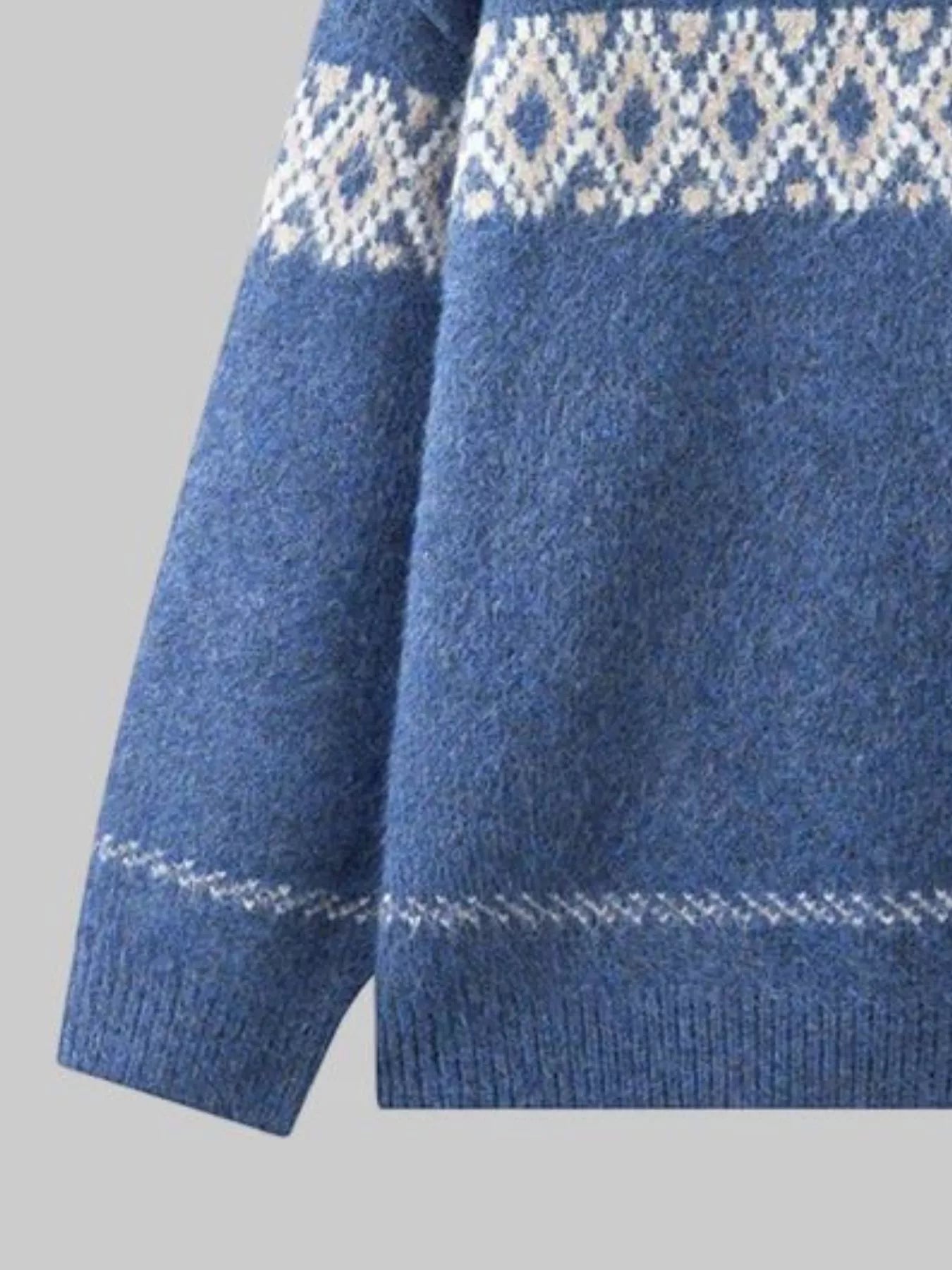 Women’s vintage patterned round neck sweater in navy with multicolor yoke design, available in sizes Small through 5XL.