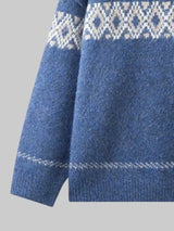 Women’s vintage patterned round neck sweater in navy with multicolor yoke design, available in sizes Small through 5XL.