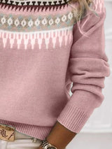 Women’s vintage patterned round neck sweater in pink with multicolor yoke design, available in sizes Small through 5XL.