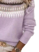 Women’s vintage patterned round neck sweater in purple with multicolor yoke design, available in sizes Small through 5XL.