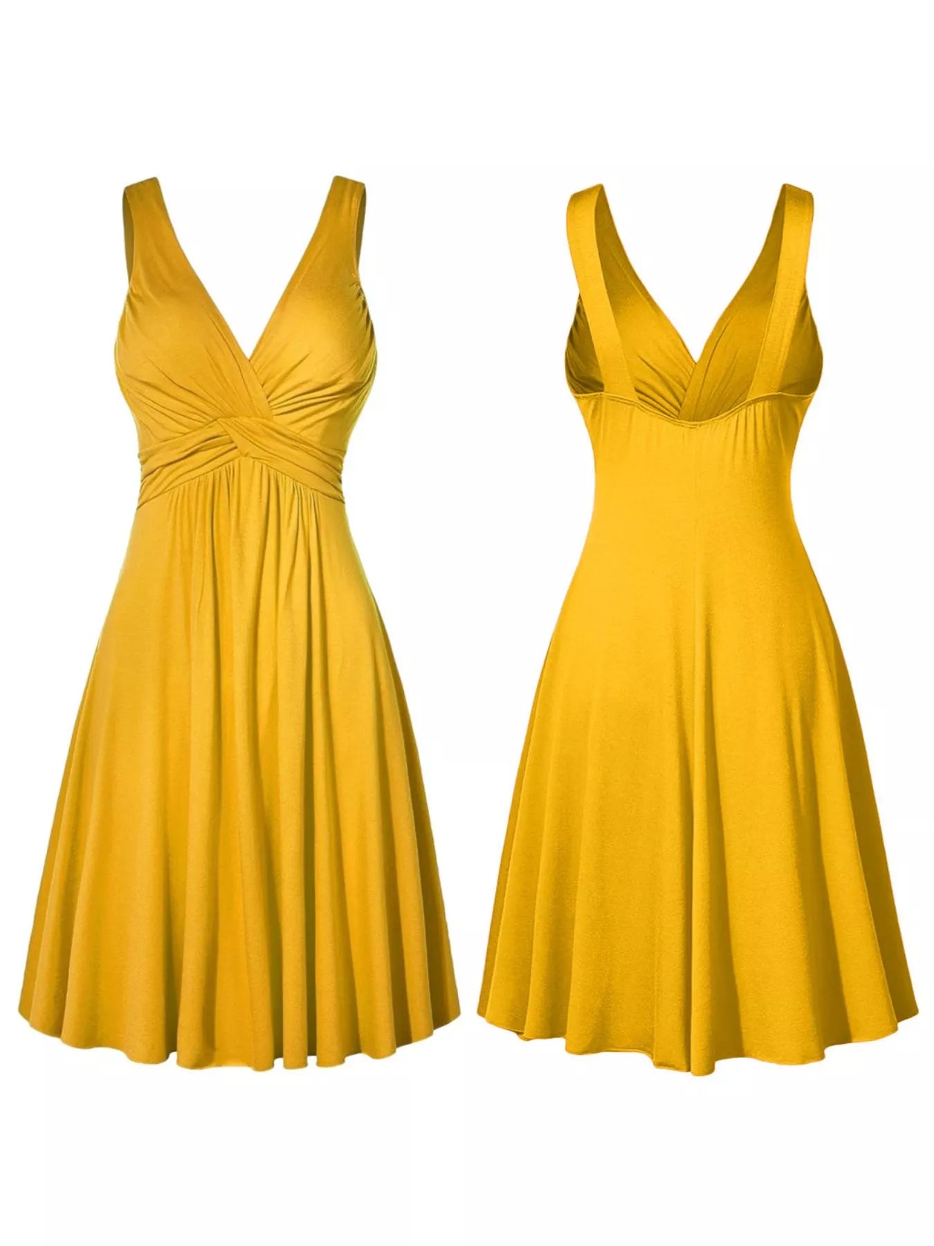 Gold twisted sleeveless ruched waist A-line dress in plus sizes Small through 5XL