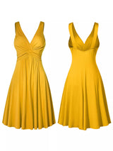 Gold twisted sleeveless ruched waist A-line dress in plus sizes Small through 5XL