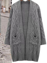 Women's chunky cable-knit open front cardigan with front pockets in gray, available in Burgundy, Gray, Purple, and Army Green, perfect for cozy fall layering.