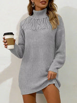 Gray plus size turtleneck sweater dress with fringe neckline and long sleeves