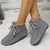 Women’s suede lace-up flat ankle boots with cozy fluffy trim in gray.