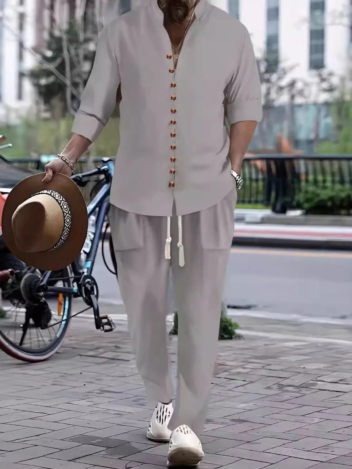 Men’s gray button front long sleeve shirt and coordinating pants two-piece set