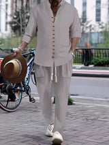 Men’s gray button front long sleeve shirt and coordinating pants two-piece set