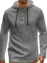 Men’s gray full-size linen-blend long sleeve hoodie with black drawstring and button-detail neckline