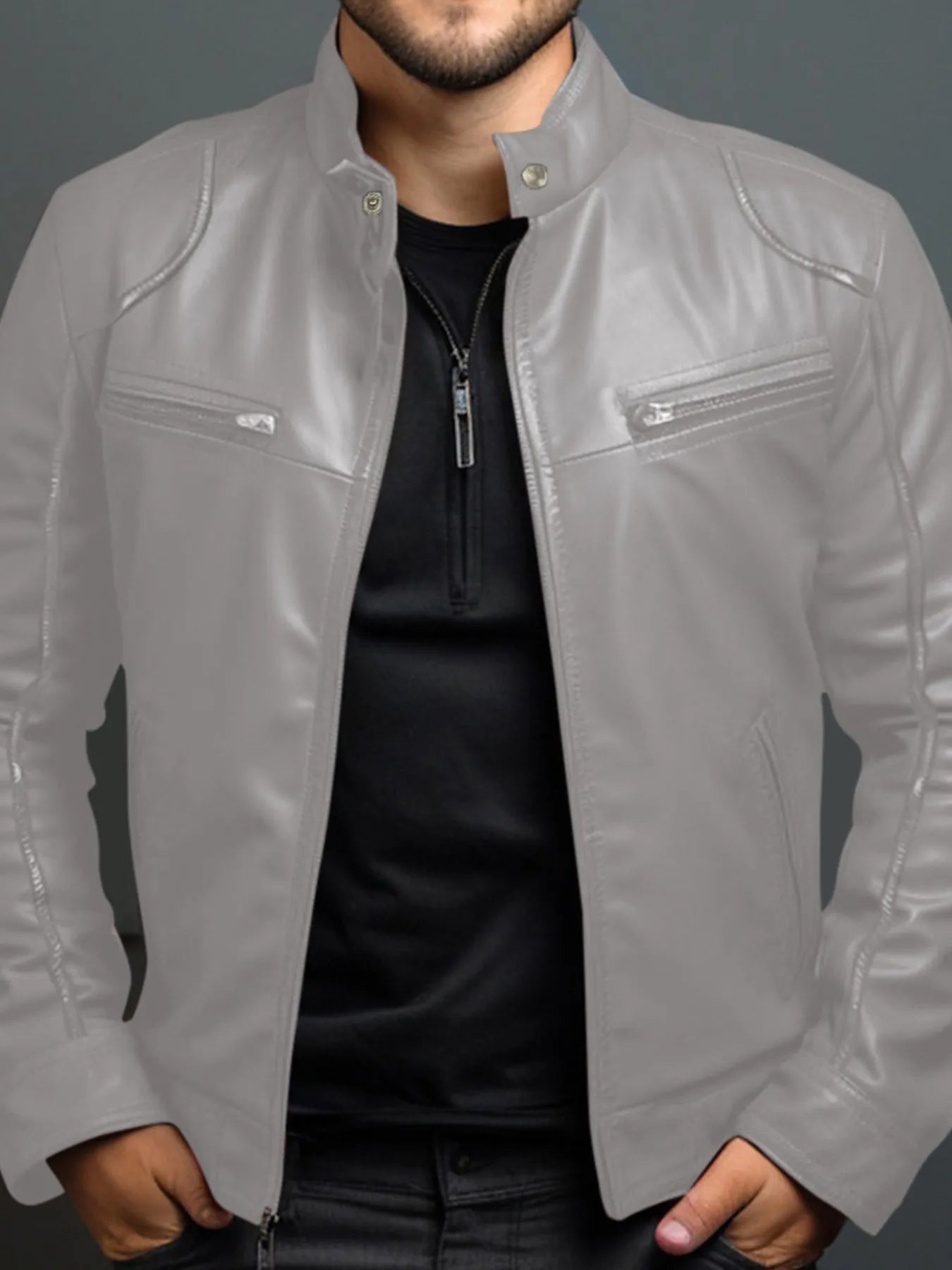 Men’s gray PU leather motorcycle jacket with zipper front, stand collar and zippered chest pockets, available in sizes Small–5XL.
