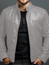 Men’s gray PU leather motorcycle jacket with zipper front, stand collar and zippered chest pockets, available in sizes Small–5XL.