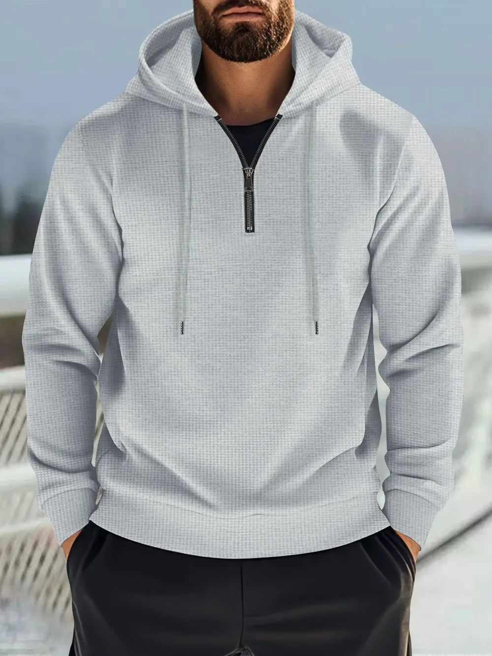 Men’s gray full size quarter zip long sleeve drawstring hoodie