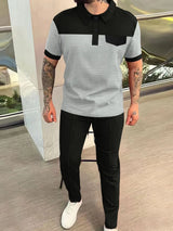 Men’s plus size gray and black waffle-knit contrast short sleeve top and pants set, available in sizes Small–3XL.