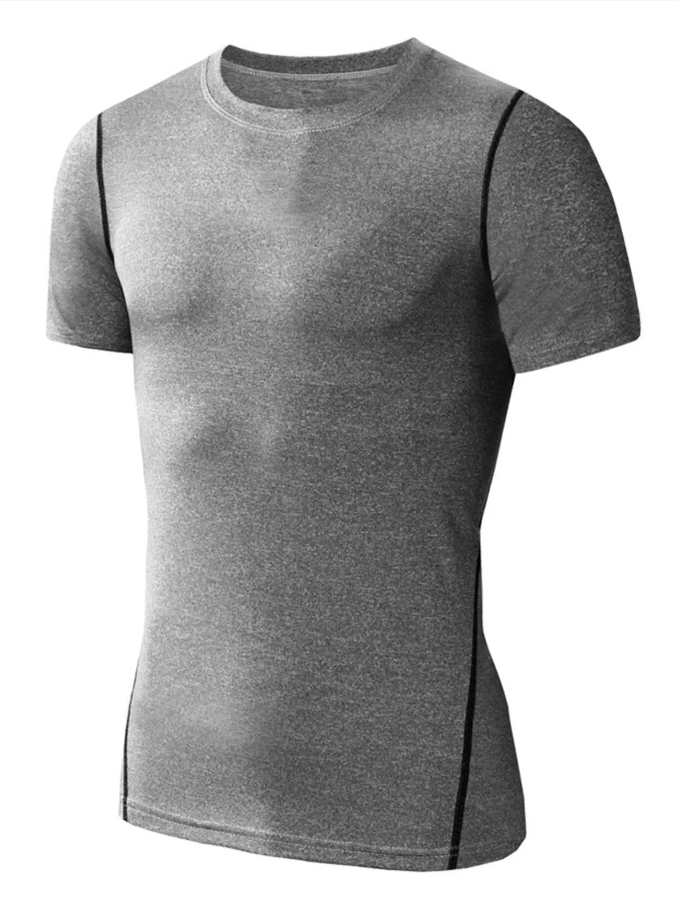 Men’s gray performance moisture-wicking short sleeve athletic T-shirt with lightweight breathable stretch fabric.