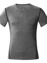 Men’s gray performance moisture-wicking short sleeve athletic T-shirt with lightweight breathable stretch fabric.