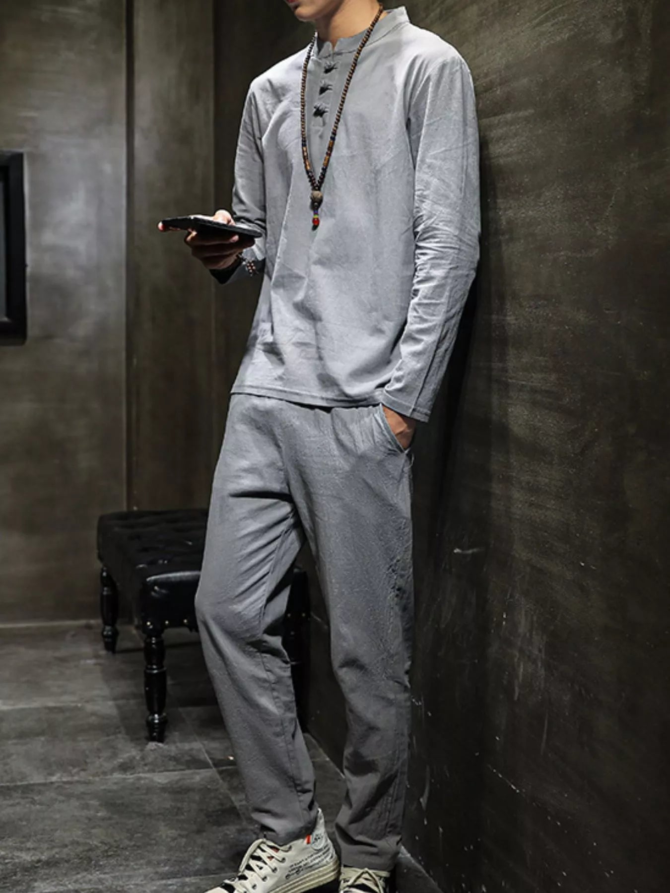 Men’s plus size gray button detail long sleeve top and pants two-piece set, available in sizes Medium to 5XL.