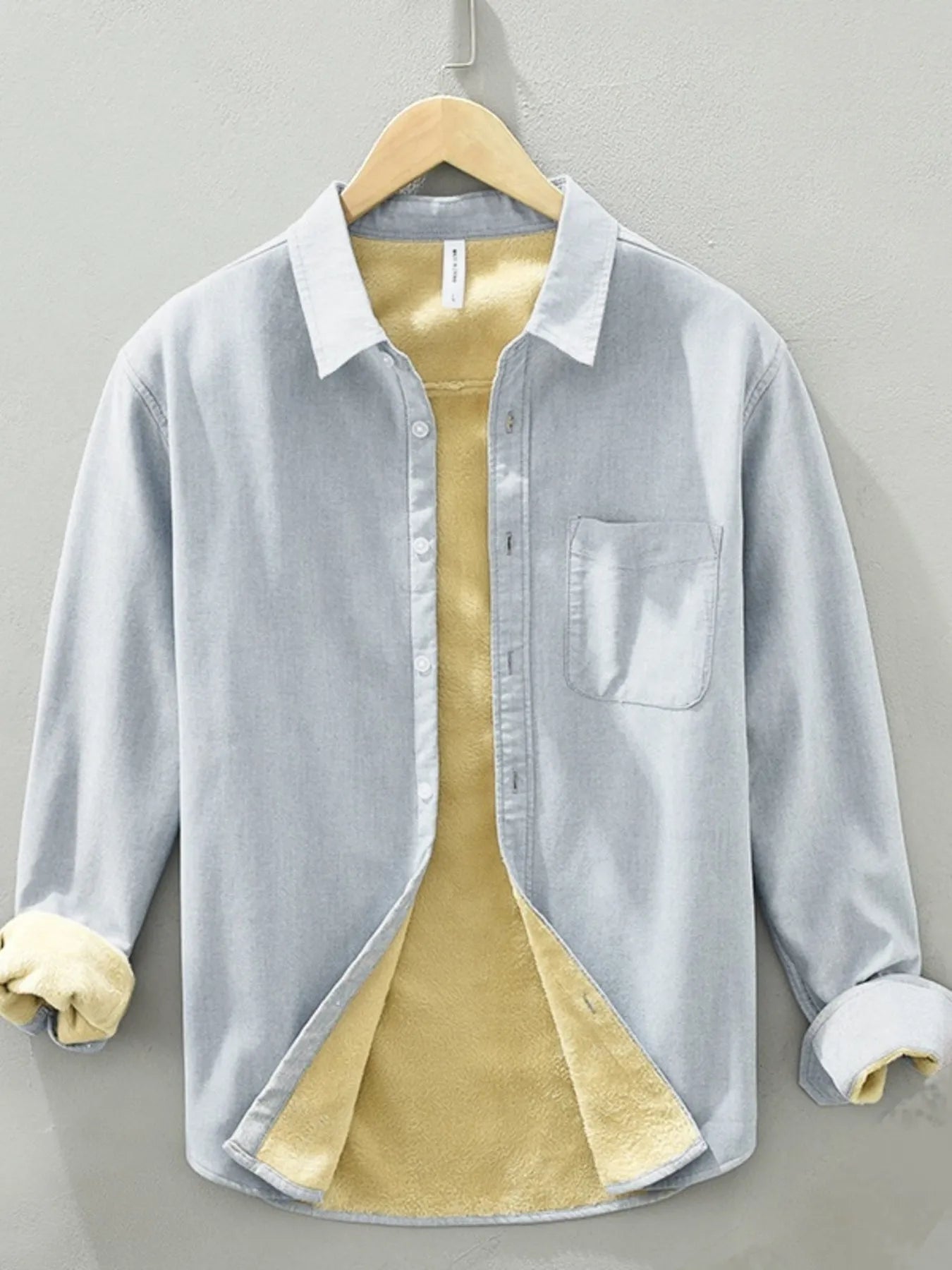 Men’s gray plus size button-up long sleeve cotton shirt with chest pocket and contrasting light interior, available in sizes Medium through 3XL.
