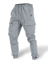 Men’s plus size gray drawstring cargo pants with multiple utility pockets and gathered ankles