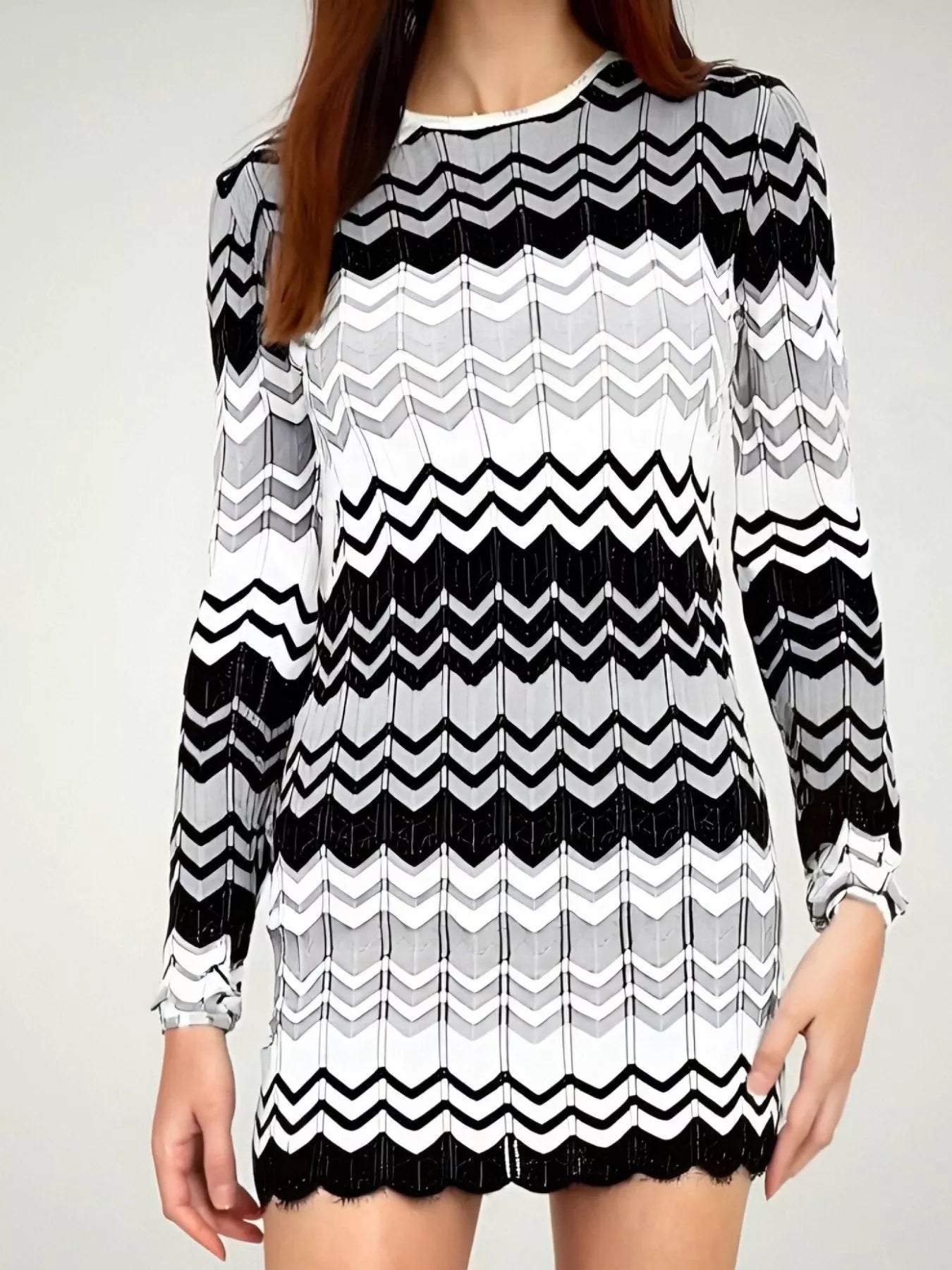 Gray, black and white wave pattern long sleeve openwork sweater mini dress for women