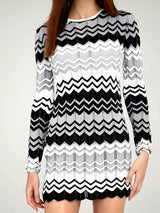 Gray, black and white wave pattern long sleeve openwork sweater mini dress for women