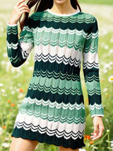Green, dark green and white wave pattern long sleeve openwork sweater mini dress for women