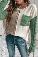 Double Take women’s gum leaf color block cable-knit drop shoulder sweater with front pocket and long sleeves.