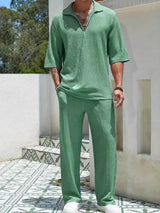 Men’s gum leaf green Johnny collar half sleeve top and matching pants two-piece set