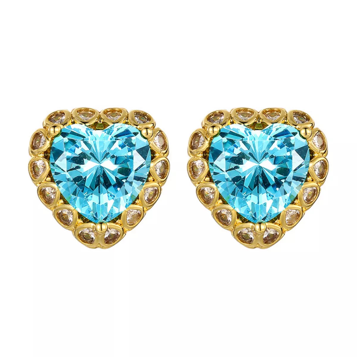Heart-shaped aquamarine stud earrings with sparkling zircon halo accents in an elegant 18K gold-plated setting.