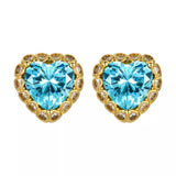 Heart-shaped aquamarine stud earrings with sparkling zircon halo accents in an elegant 18K gold-plated setting.