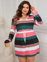 Women's plus size striped V-neck long sleeve mini dress with adjustable drawstring waist in pink, green, black, taupe, and white, available in sizes 1XL–4XL.