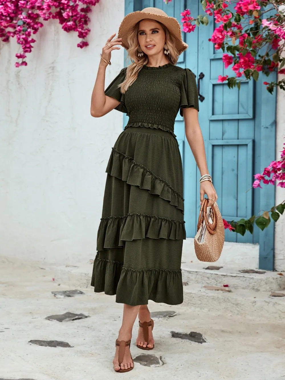 Women's olive-green elastic waist midi skirt with cascading asymmetrical ruffles and ruffled hem.