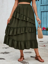 Women's olive-green elastic waist midi skirt with cascading asymmetrical ruffles and ruffled hem.