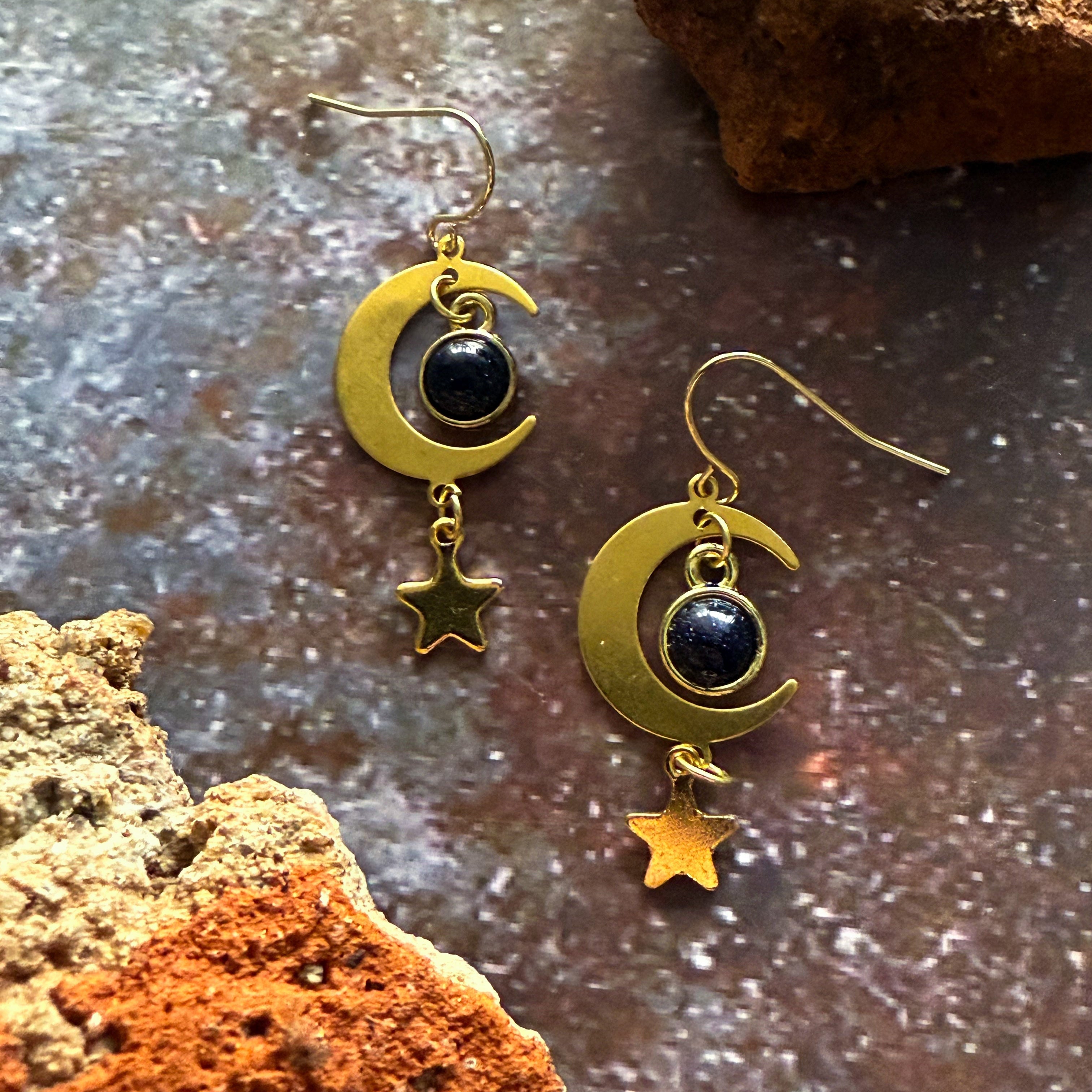 Starlit Crescent Earrings with Blue Sandstone