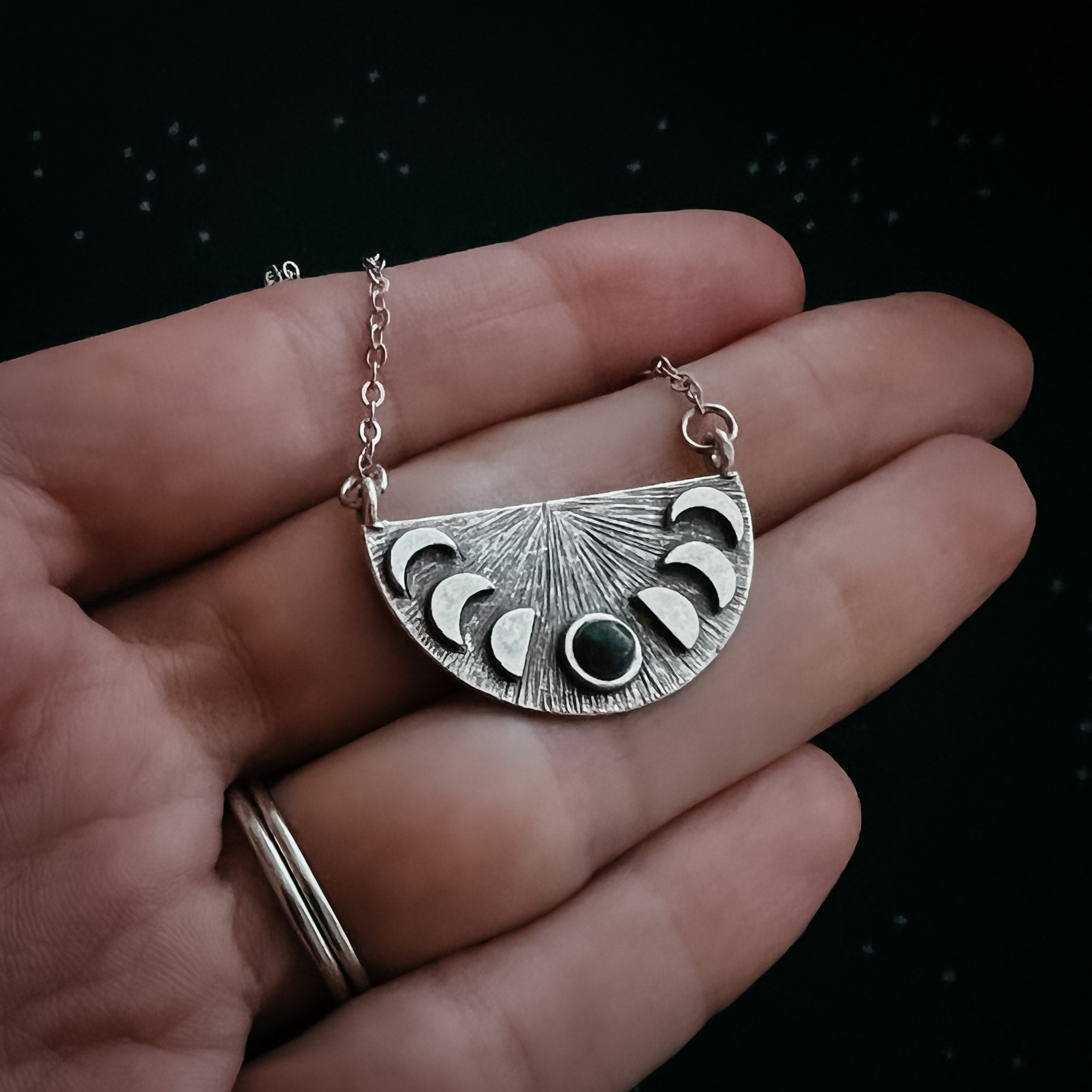 Lunar Eclipse Half Circle Pendant Necklace with Moon Phases and Black Opal