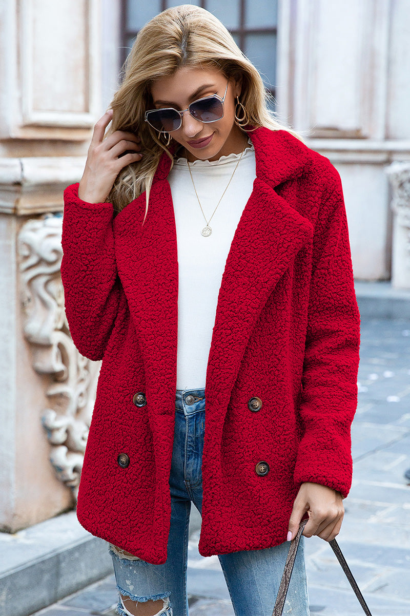 Ivy Lane women's deep red sherpa coat with lapel collar, double-breasted button front, long sleeves, and textured fabric, available in sizes S–5XL.