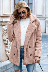 Ivy Lane women's dusty pink sherpa coat with lapel collar, double-breasted button front, long sleeves, and textured fabric, available in sizes S–5XL.