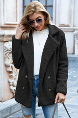 Ivy Lane women's black sherpa coat with lapel collar, double-breasted button front, long sleeves, and textured fabric, available in sizes S–5XL.