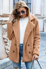 Ivy Lane women's camel sherpa coat with lapel collar, double-breasted button front, long sleeves, and textured fabric, available in sizes S–5XL.