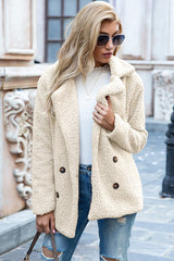 Ivy Lane women's cream sherpa coat with lapel collar, double-breasted button front, long sleeves, and textured fabric, available in sizes S–5XL.