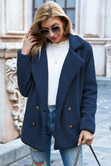 Ivy Lane women's dark blue sherpa coat with lapel collar, double-breasted button front, long sleeves, and textured fabric, available in sizes S–5XL.
