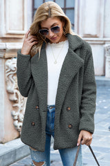 Ivy Lane women's dark gray sherpa coat with lapel collar, double-breasted button front, long sleeves, and textured fabric, available in sizes S–5XL.