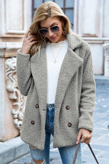 Ivy Lane women's light gray sherpa coat with lapel collar, double-breasted button front, long sleeves, and textured fabric, available in sizes S–5XL.