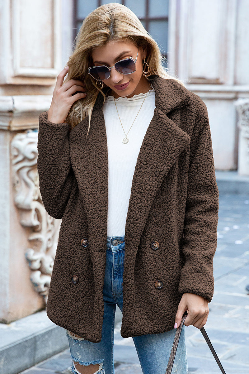 Ivy Lane women's mocha sherpa coat with lapel collar, double-breasted button front, long sleeves, and textured fabric, available in sizes S–5XL.
