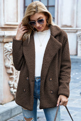 Ivy Lane women's mocha sherpa coat with lapel collar, double-breasted button front, long sleeves, and textured fabric, available in sizes S–5XL.