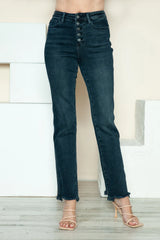 Judy Blue Full-Size Button Fly Hem Destroy Straight Jeans in medium wash featuring a button fly closure, straight-leg fit, distressed raw hem, classic five-pocket styling, and moderate stretch denim.